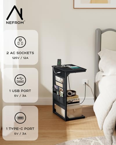 C-Shaped End Table with Fast-Charging Station, Small Couch Side Table with Storage Bag, Sofa TV Tray Table for Living Room, Bedroom, Bedside ET-BK-W1 - Image 4