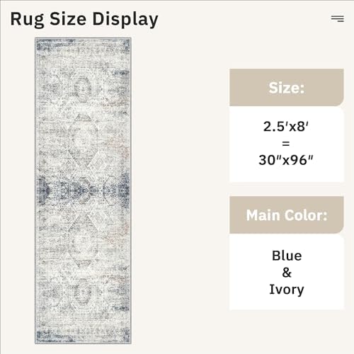 Soalmost Washable Runner Rug 2'6"x8' Kitchen Hallway Runners Blue/Ivory - Image 5
