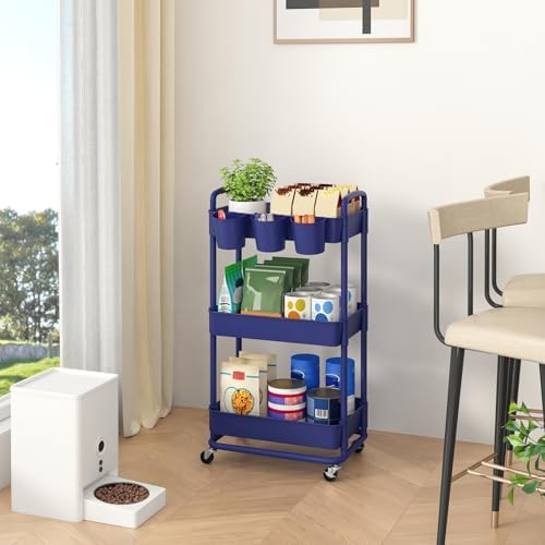 JIUYOTREE 3-Tier Plastic Rolling Storage Cart Utility Cart Blue - Image 4