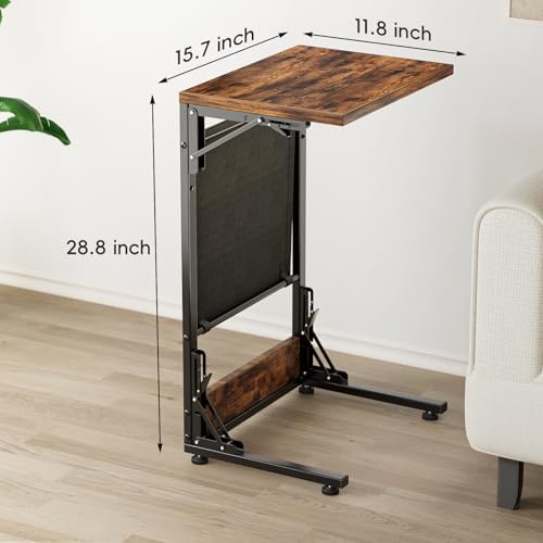 Folding TV Tray Table, 28.8" Tall C-Shaped Side Table for Couch and Bed, Slide Under Sofa Side Desk with Storage Bag - Sturdy Metal Frame Tray for Living Room, Bedroom, Home & Office (Rustic Brown) - Image 3