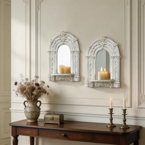 2 Set Vintage Candle Wall Sconce for Home Decor Living Room Bedroom Office Wood Antique Mirrored Victorian Mounted Candlestick Wall Holder Relief Hanging Decor -White 11.8in by sxnzequnze