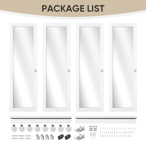 JUBEST 120" x 80" Mirror Closet Door, Preassembled One Side Mirror Door with Hardware Kit & Matching Fascia, Solid Wood Frame with Water-Proof PVC Surface, Easy to Install, White - Image 3
