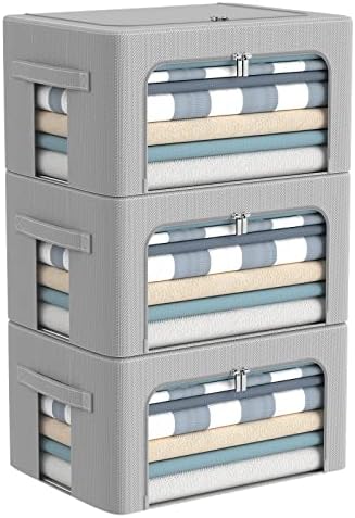 CYhom 3Pack Frame Storage Box - Clothes Storage Bin Bags Oxford Fabric Foldable Stackable Container Organizer Set with Clear Window & Carry Handles Large Capacity (Grey, Small-22L) by CYhom