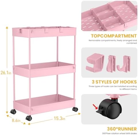 SPACELEAD 3 Tier Rolling Cart with Wheels, Storage Craft Art Trolley Organizer Serving, 3 Hanging Baskets Easy Assembly, for Office, Living Room, Kitchen, Pink - Image 3