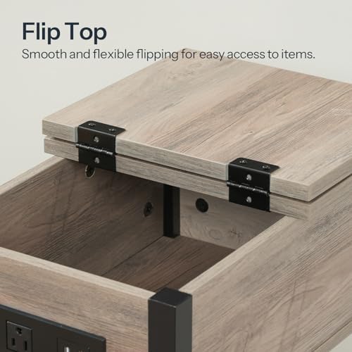 HOOBRO End Table with Charging Station, Flip Top Side Table with USB Ports, Narrow Nightstand Bedside Tables with Storage Shelves, for Small Space, Living Room,Greige and Black BG141UBZ01 - Image 7