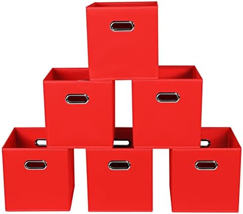 Fabric storage bins Cubes, Fabric Cube Organizer with Handle, Foldable Cube Bins for Cloth or Accessary Storage, 11x11x11, Set of 6, (Red) by Yunkeeper
