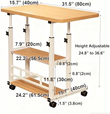VebaCidi Medical Overbed Bedside Table with Two Shelves and Wheels (Hospital and Home Use), 31 1/2" Desk with Non Tilt Wooden Top, Adjustable Height (Walnut) - Image 2