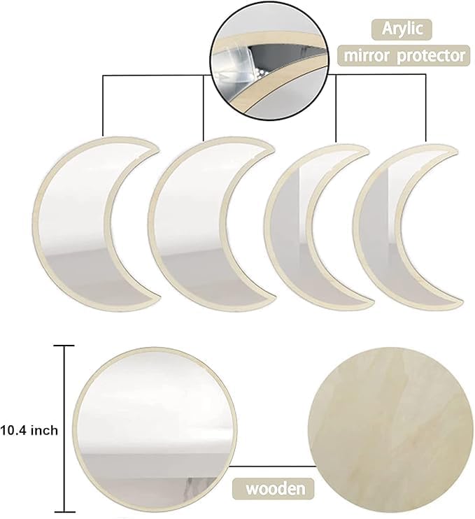 10.4" Raw Acrylic Moon Phase Wall Mirror Set - 5-Piece Boho Celestial Decor for Living Room Bedroom Entryway, Easy Stick-On Installation, Shatterproof Safety Design - Image 5