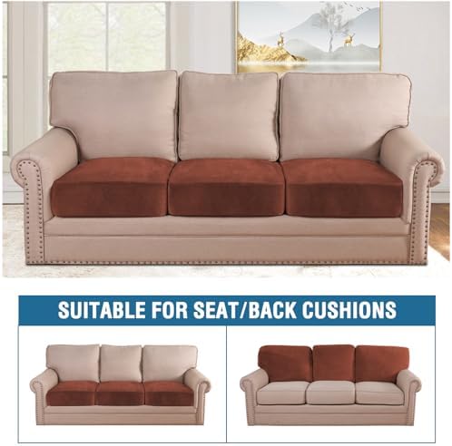 H.VERSAILTEX Velvet Stretch Couch Cushion Cover Plush Cushion Slipcover for Chair Loveseat Sofa Cushion Furniture Protector Seat Cushion Sofa Cover (3 Piece Sofa Cushion Covers, Rust) - Image 3