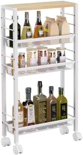 Slim Rolling Cart, 4-Tier Narrow Kitchen Storage Cart, Slim Utility Cart on Wheel, Skinny Bathroom Storage cart with Wood Tabletop, 6.0" Deep, for Kitchen, Living Room, Laundry Room, White by VANTIMO