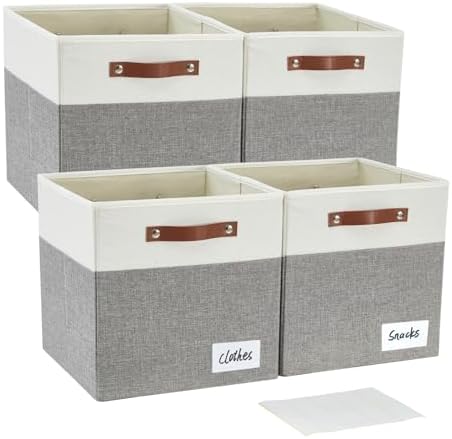 Bagnizer 13x15x13 Storage Cube Bins, Foldable Storage Organizer Baskets, Fabric Cube Storage Boxes with 2 Reinforced PU Handles for Kallax, Shelves, Living Room | 4 Pack, Gray & White by Bagnizer