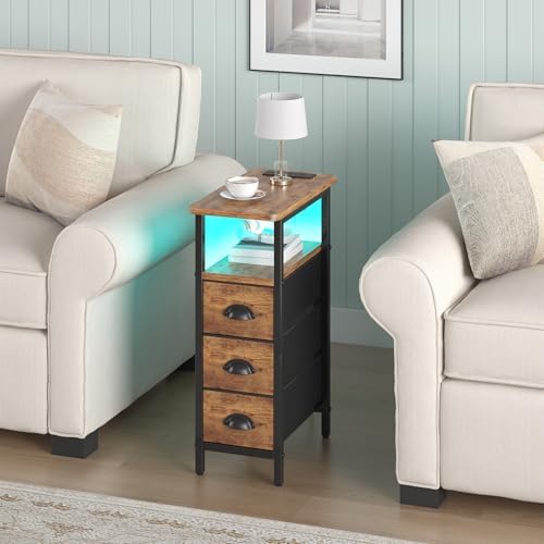 shtmec Narrow End Table Set of 2 with Charging Station, LED Side Tables Set 2 with Fabric Drawers, Small Bedside Tables Nightstands for Small Space, Slim Sofa Couch Table for Livingroom,Rustic Brown - Image 2