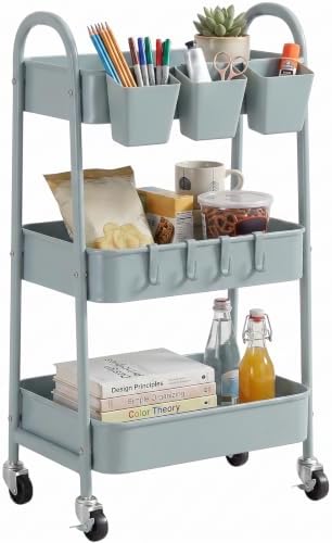 danpinera 3-Tier Rolling Cart, Utility Cart Mobile Metal Rolling Storage Cart with Lockable Wheels & Hanging Cups & Hooks for Kitchen, Bathroom, Office, Workshop, Gray Blue by danpinera