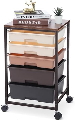 SYKIARIOL Rolling Cart with Drawers, 5 Drawers Utility Cart, Dark Brown by SYKIARIOL