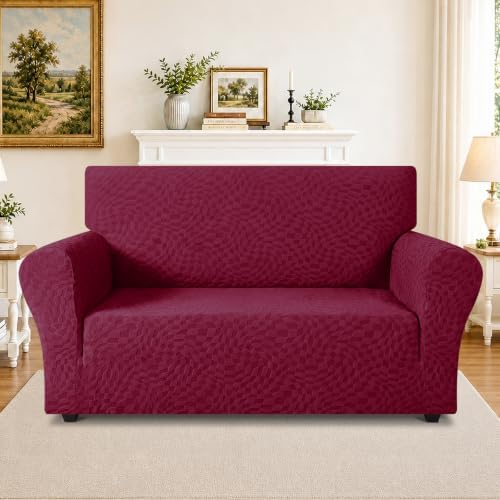 ZNSAYOTX 1 Piece Stretch Loveseat Covers for 2 Cushion Couch (55"-71"), New Plaid Couch Cover with Non-Slip Buckle for Dog Pets, Soft Cozy Washable Sofa Slipcover Form Fit Protector, Wine Red - Image 2