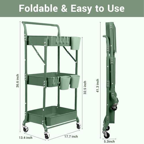 Amatic 3-Tier Folding Rolling Utility Cart with Wheels, Metal Foldable Storage Cart Organizer with 3 Hanging Cups & 6 Hooks for Kitchen, Office, Living Room, Nursery(Green) - Image 2
