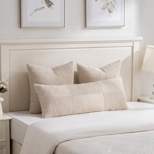 Fancy Homi 2 Packs Tan Decorative Throw Pillow Covers 20x20 Inch for Living Room Couch Bed Sofa, Farmhouse Boho Home Decor, Soft Corss Corduroy Patchwork Accent Square Beige Cushion Case 50x50 cm - Image 5