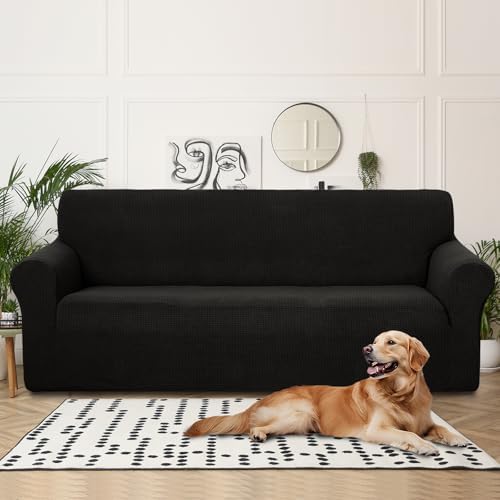 U-NICE HOME 4 Seater Stretch Couch Cover for 3 Cushion Sofa, Black - Image 2