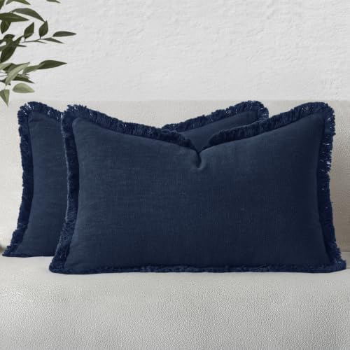 MIULEE Linen Fringe Decorative Lumbar Throw Pillow Covers Dark Navy 12x20 by MIULEE