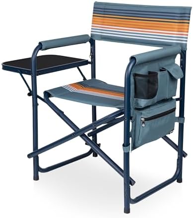 Picnic TIME Sports Chair with Side Table and Armrest Caddy, Lightweight Aluminum Folding Outdoor Camping Chair for Adults, Portable Director Style Lawn Seating, (Marine Stripe with Navy Blue Frame) by PicnicTimeFamilyofBrands