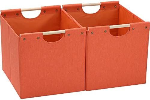 HOONEX Large Collapsible Storage Bins, Linen Fabric, Pack of 2, Storage Baskets with Wooden Carry Handles and Sturdy Heavy Cardboard, for Home, Office, Car, Nursery, Orange by HOONEX