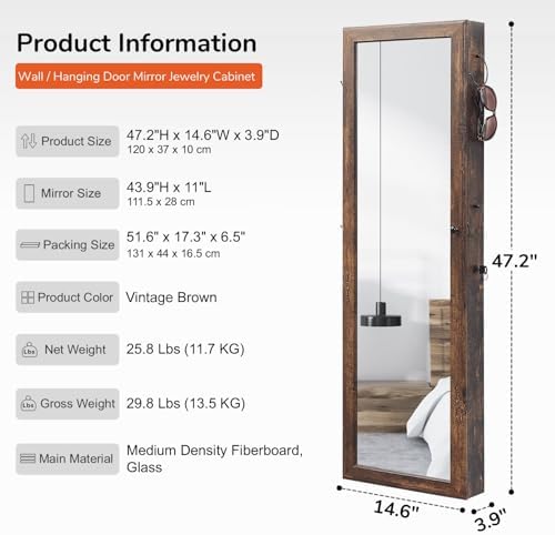 GISSAR Jewelry Mirror Armoire Wall Mount Over The Door Mirror Jewelry Cabinet Storage Mirror Organizer Lockable Full Length Door Mirror,Vintage Brown, GMJ2003V - Image 6