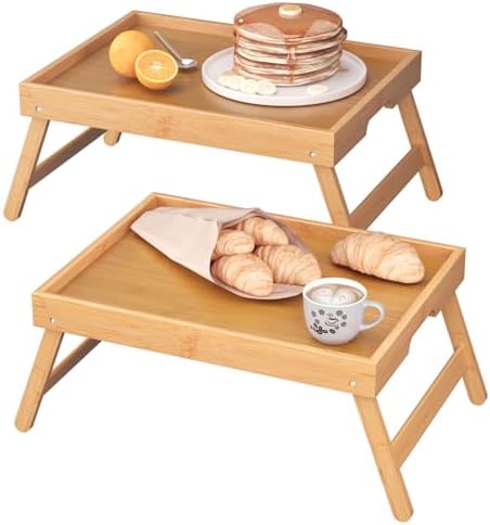 Fibogollo 2 Pack Bamboo Bed Tray Table with Folding Legs,Breakfast Trays,Serving Tray for Food and Snack,Laptop Trays for Working(Natural) by Fibogollo