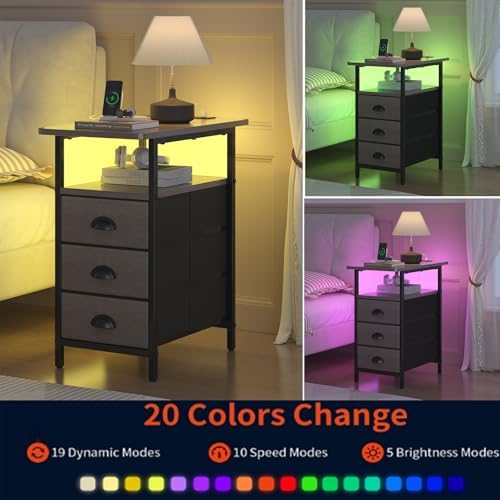 sthmec End Table with Charging Station,LED Side Tables with USB Ports and Outlets,Narrow Nightstands Bedside Tables with 3 Drawers for Small Space,Slim Sofa Table for Livingroom,Grey - Image 6