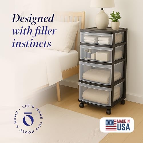 HOMZ Drawer Tower, 4-Tier Storage Cart with Removable Wheels, Black Frame - Image 4