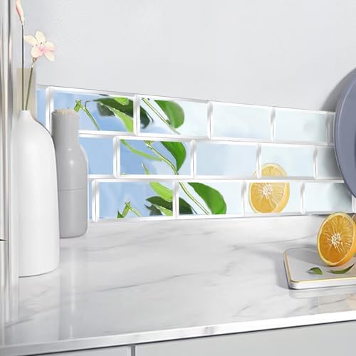 40 Pcs Peel and Stick Beveled Mirror Glass Tile.6x3 Inch Mirror Backsplash Tiles. Cute Mirror Strip Tile for Kitchen, Bathroom Wall. 40 Pcs - Image 3