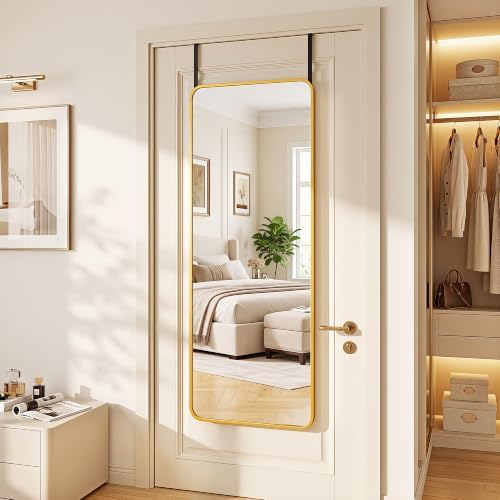 Suidia Full Length Mirror Over the Door&Wall Mounted, 58"x19" Door Mirror with Aluminum Alloy Frame, HD Shatterproof, No-Drill, Hanging Mirrors for Bedroom, Bathroom, Dorm, Closet, Rounded Rect, Gold - Image 3