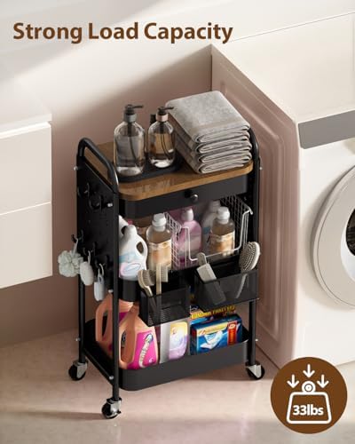 ALVOROG 3 Tier Metal Rolling Cart with Drawer,Wood Top,Pegboards,Black - Image 6