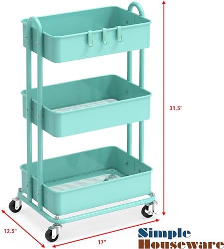 Simple Houseware 3-Tier Heavy Duty Metal Utility Rolling Cart, Turquoise - Image 6