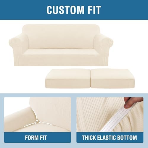 H.VERSAILTEX 3 Piece Stretch Sofa Covers for 2 Cushion Sofa Couch Covers for Living Room Furniture(Base Cover Plus 2 Seat Cushion Covers) Thicker Jacquard Fabric (Large Sofa, Cream) - Image 4