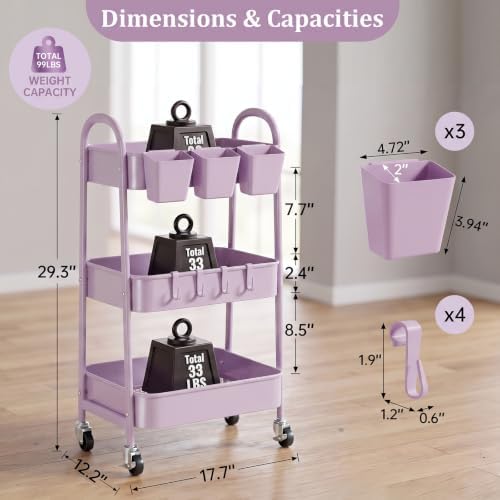 danpinera 3-Tier Rolling Cart, Utility Cart Mobile Metal Rolling Storage Cart with Lockable Wheels & Hanging Cups & Hooks for Kitchen, Bathroom, Office, Workshop, Purple - Image 2