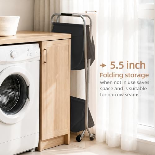 STORAGE MANIAC Collapsible Laundry Cart with Wheels 31.5"H Rolling Laundry Hamper Clothes Basket with Wheels, Canvas Liner Sturdy Steel Frame Folding for Small Narrow Space Easy Storage, Black - Image 3
