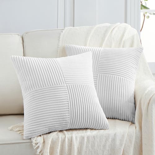 Fancy Homi 2 Packs White Euro Decorative Throw Pillow Covers 26x26 Inch for Living Room Couch Bed, Rustic Farmhouse Boho Home Decor, Soft Corss Corduroy Patchwork Textured Square Cushion Case 66x66 cm by Fancy+Homi