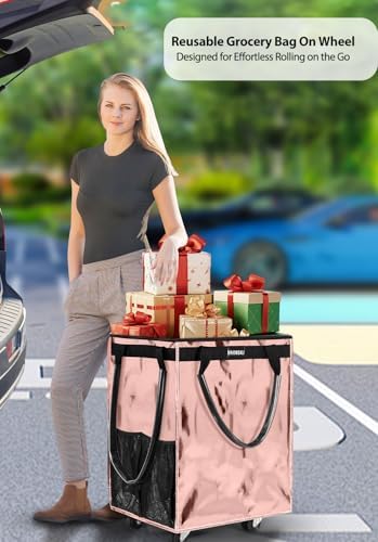 (Medium,Rose Gold) Reusable Grocery Bag on Wheels, Foldable Rolling Tote - Image 2