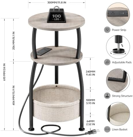Side Table with Charging Station, Small Round End Table with Basket - Image 3