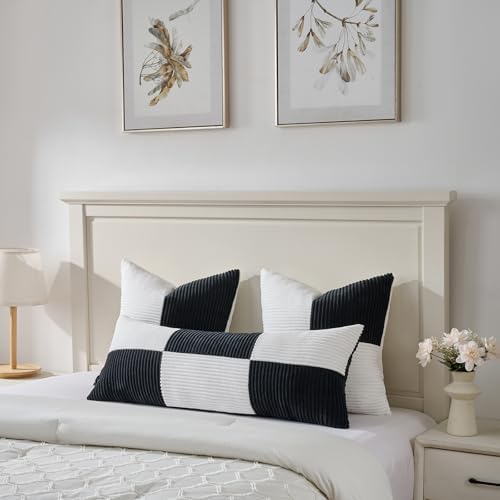 Fancy Homi Set of 2 Black White Big Decorative Throw Pillow Covers 24x24 Inch for Couch Bed Sofa, Modern Farmhouse Boho Home Decor, Soft Cross Corduroy Patchwork Accent Square Cushion Case 60x60 cm - Image 5