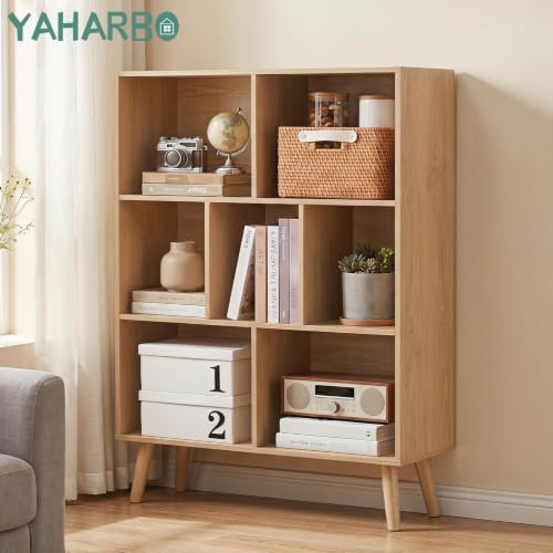 YAHARBO Natural Bookshelf,3 Tier Book Shelf with Legs, 7 Cube Minimalist Bookcase,Storage Organizer Shelves Display Bookcases for Bedroom,Living Room - Image 3