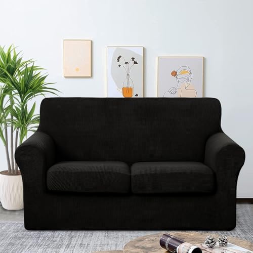 U-NICE HOME 3 Pieces Stretch Loveseat Couch Cover, Black - Image 2