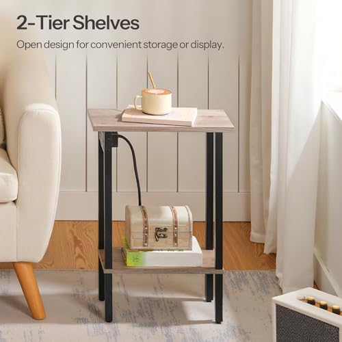 HOOBRO Narrow Side Table, 2-Tier Slim End Table with Charging Station, Skinny Nightstand with Open Storage, for Small Spaces, Living Room, Bedroom, Study, Greige and Black BG240UBZ01 - Image 5