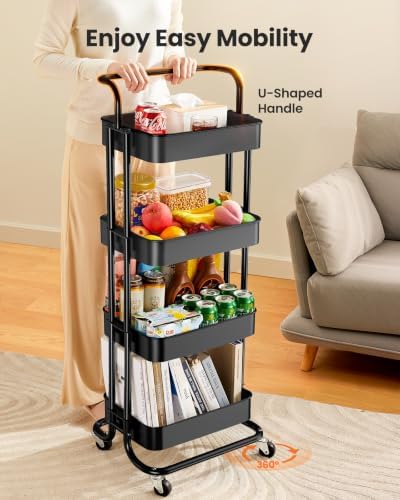 Pipishell Metal 4 Tier Rolling Cart with Handle & 2 Lockable Wheels, Black - Image 3