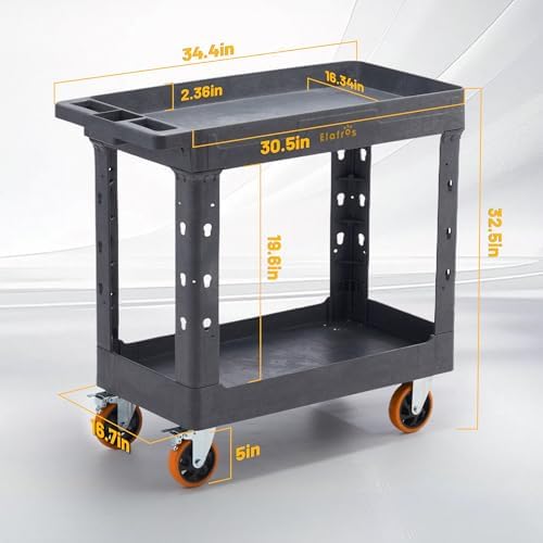 ELAFROS 2-Tier Heavy Duty Utility Rolling Cart, 34 x 17 in, 5" Wheels, Gray - Image 2