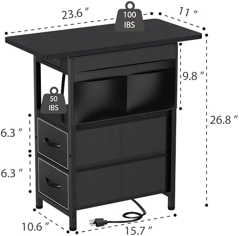 Yenlure Small Side Table with Charging Station, Narrow Nightstand Bedside Tables with Storage Pocket for Living Room Bedroom, Sofa End Table with USB Ports and Power Outlets for Small Spaces - Image 3