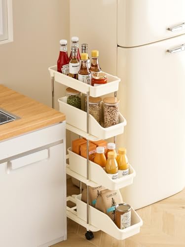 Slim Storage Cart 4 Tier Slim Rolling Utility Cart with Pull-Out Baskets & Wheels for Narrow Space in Kitchen Dining Room Bathroom Laundry Room Cream White (Width 6.3 Inches) - Image 3