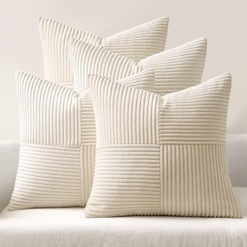 MIULEE Beige Throw Pillow Covers 18x18 Inch Set of 4 Boho Patchwork Cushion Cases Modern Farmhouse Pillow Cases with Invisible Zipper Corduroy Striped Home Decor for Couch Sofa Bedroom by MIULEE
