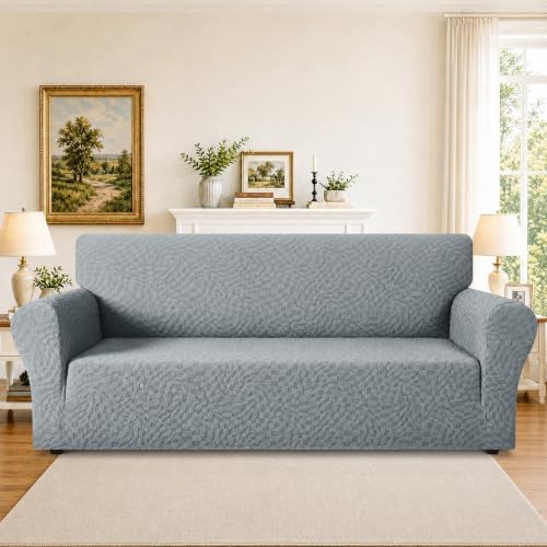 ZNSAYOTX 1 Piece Stretch Sofa Covers for 3 Cushion Couch (72"-90"), New Plaid Couch Cover with Non-Slip Buckle for Dog Pets, Ultimate Soft Cozy Washable Sofa Slipcover Form Fit Protector, Light Grey - Image 2