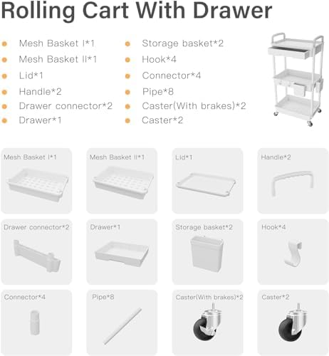 Sorgion 3 Tier Rolling Cart Organizer,Laundry Room Bathroom Organizers and Storage Office Shelves Mobile Shelving Unit Kitchen Trolley Cart with Wheels for Art,Craft,Diaper,Bedside,Snack(White) - Image 7